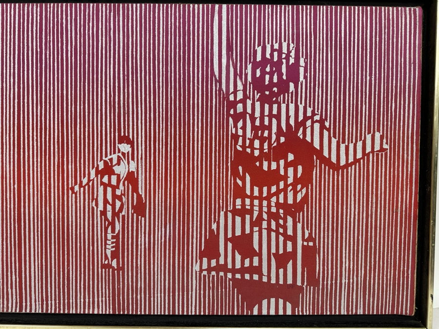 Original Mid-Century Painting On Canvas Of Women's Softball Players Signed LRF Framed 34 X 18 Framed 36 X 20 Signed LRF [Photo 5]