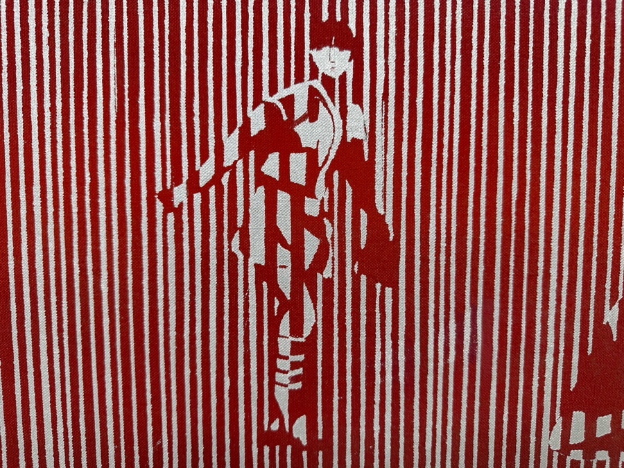 Original Mid-Century Painting On Canvas Of Women's Softball Players Signed LRF Framed 34 X 18 Framed 36 X 20 Signed LRF [Photo 6]