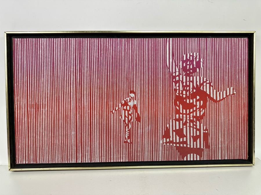 Original Mid-Century Painting On Canvas Of Women's Softball Players Signed LRF Framed 34 X 18 Framed 36 X 20 Signed LRF [Photo 4]