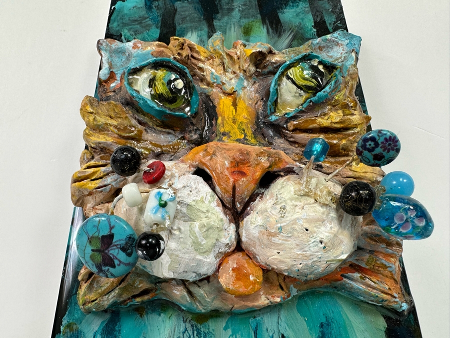 Bonnie Lee Roth (B. 1942, Southern California) Original Mixed-Media 3D Whimsical Cat Sculpture Mounted On Painted Board 6W X 12H X 3.5D [Photo 7]