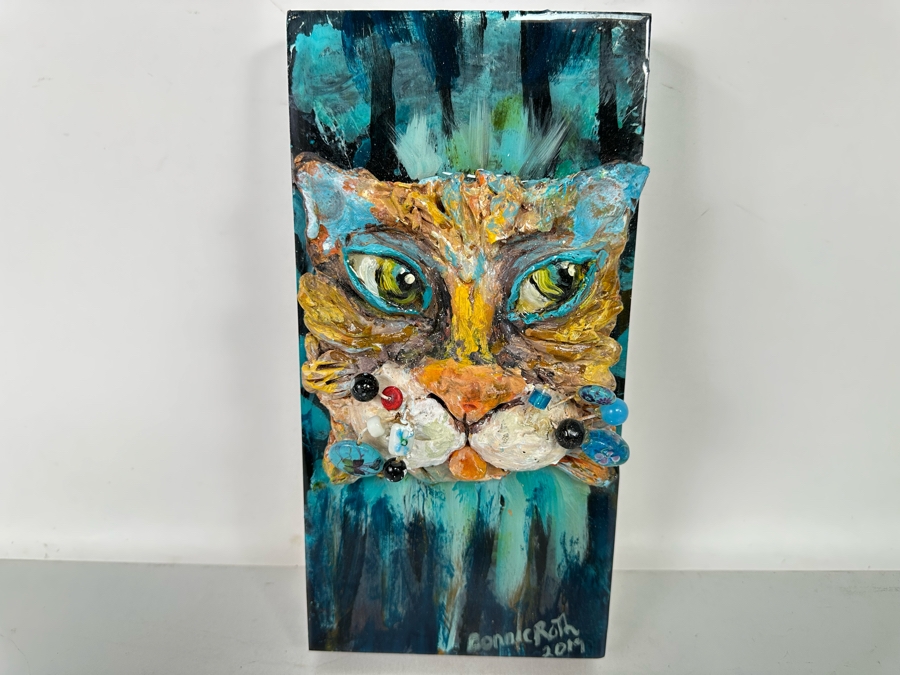 Bonnie Lee Roth (B. 1942, Southern California) Original Mixed-Media 3D Whimsical Cat Sculpture Mounted On Painted Board 6W X 12H X 3.5D [Photo 2]