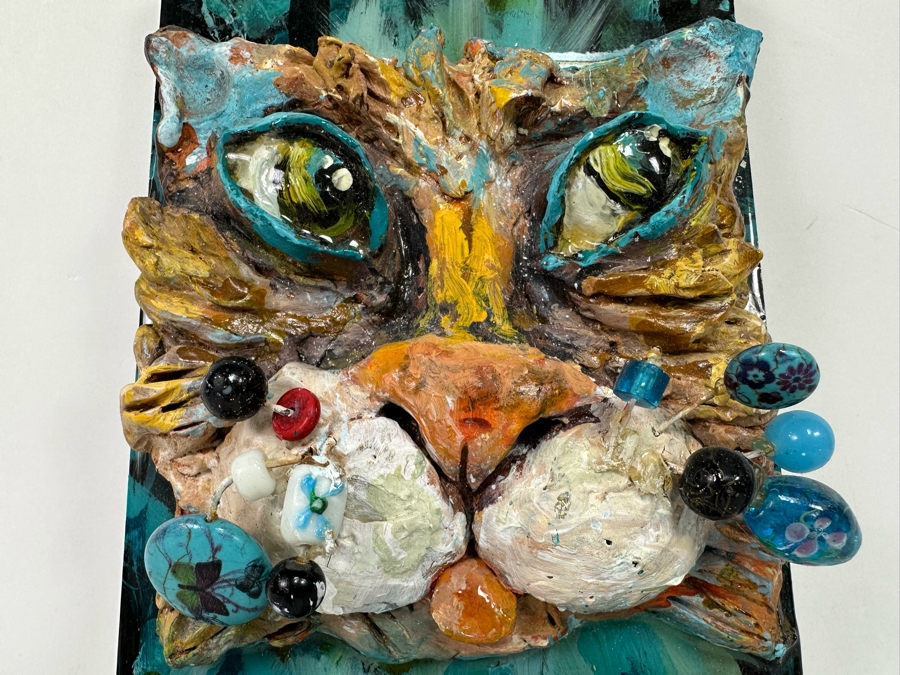 Bonnie Lee Roth (B. 1942, Southern California) Original Mixed-Media 3D Whimsical Cat Sculpture Mounted On Painted Board 6W X 12H X 3.5D [Photo 6]