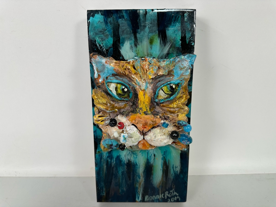 Bonnie Lee Roth (B. 1942, Southern California) Original Mixed-Media 3D Whimsical Cat Sculpture Mounted On Painted Board 6W X 12H X 3.5D [Photo 3]