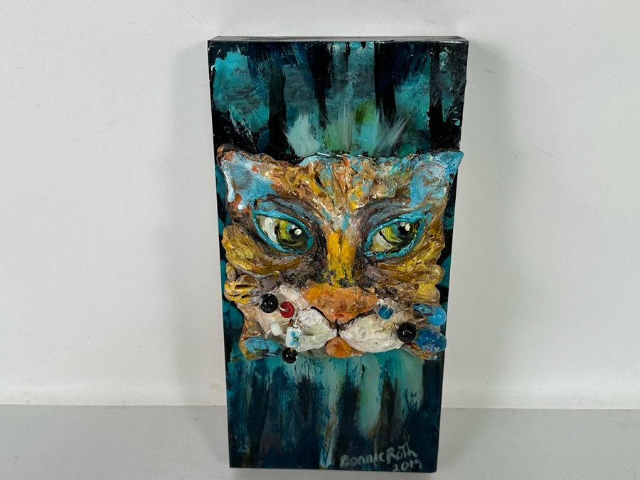 Bonnie Lee Roth (B. 1942, Southern California) Original Mixed-Media 3D Whimsical Cat Sculpture Mounted On Painted Board 6W X 12H X 3.5D [Photo 12]