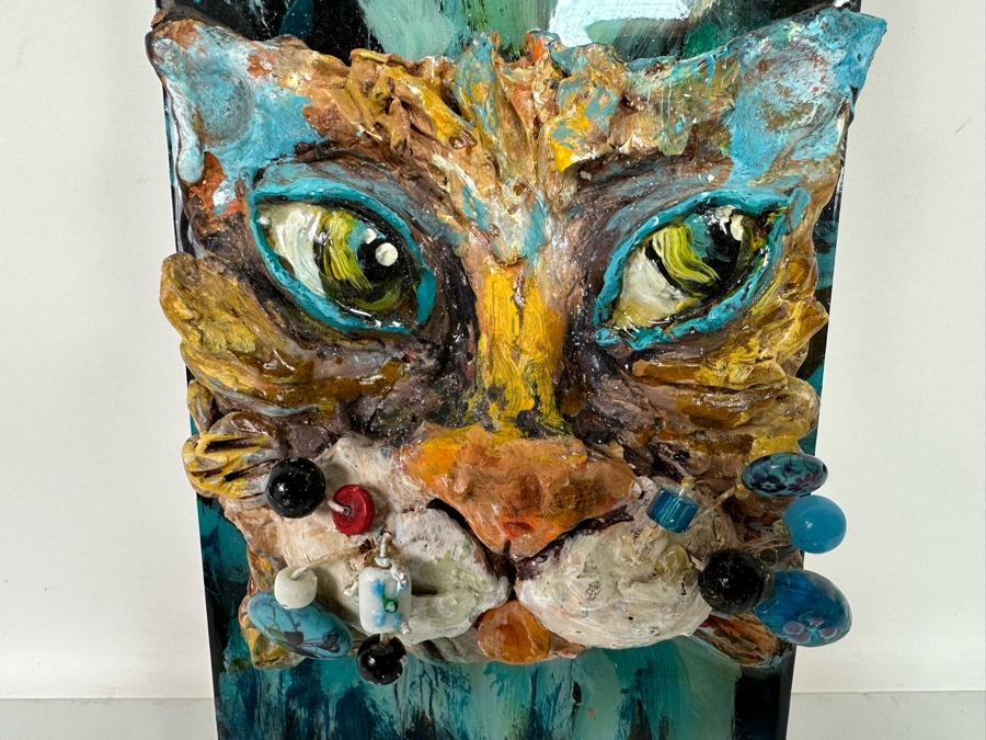Bonnie Lee Roth (B. 1942, Southern California) Original Mixed-Media 3D Whimsical Cat Sculpture Mounted On Painted Board 6W X 12H X 3.5D [Photo 13]