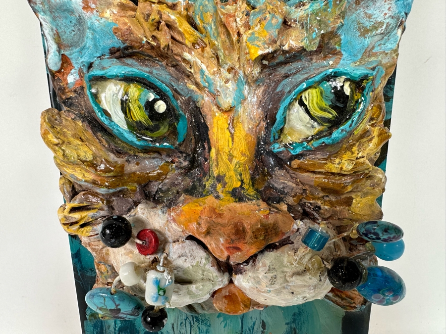 Bonnie Lee Roth (B. 1942, Southern California) Original Mixed-Media 3D Whimsical Cat Sculpture Mounted On Painted Board 6W X 12H X 3.5D [Photo 5]