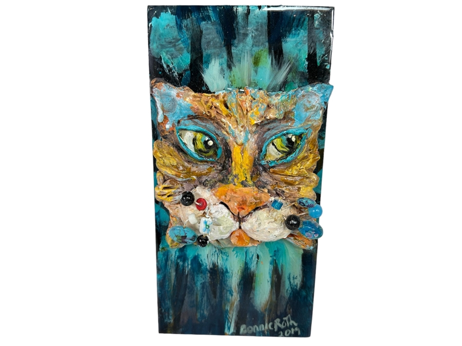 Bonnie Lee Roth (B. 1942, Southern California) Original Mixed-Media 3D Whimsical Cat Sculpture Mounted On Painted Board 6W X 12H X 3.5D [Photo 1]