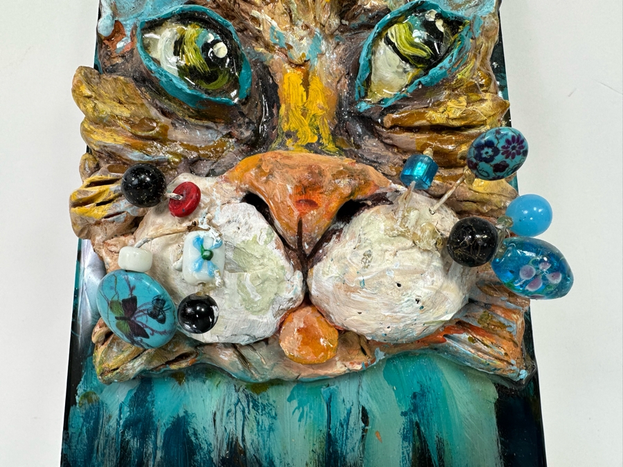 Bonnie Lee Roth (B. 1942, Southern California) Original Mixed-Media 3D Whimsical Cat Sculpture Mounted On Painted Board 6W X 12H X 3.5D [Photo 16]