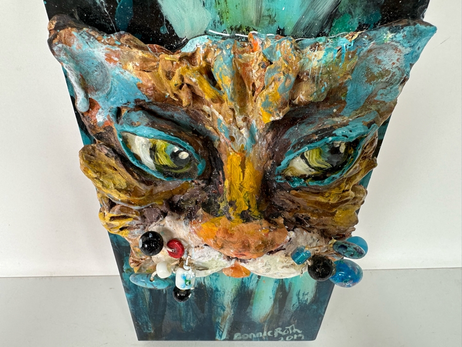 Bonnie Lee Roth (B. 1942, Southern California) Original Mixed-Media 3D Whimsical Cat Sculpture Mounted On Painted Board 6W X 12H X 3.5D [Photo 4]