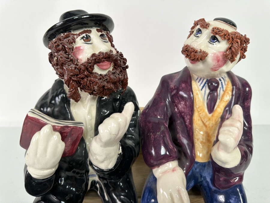 Branah Layah Signed Hand Painted Judaic Jewish Men Rabbi On Bench Sculpture 9W X 9D X 10H 1995 [Photo 5]