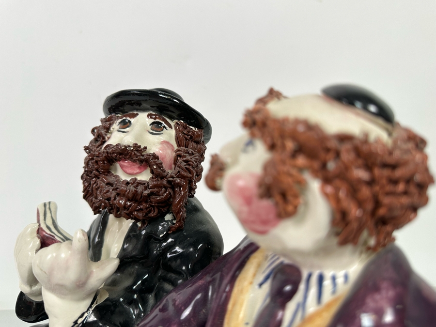 Branah Layah Signed Hand Painted Judaic Jewish Men Rabbi On Bench Sculpture 9W X 9D X 10H 1995 [Photo 12]