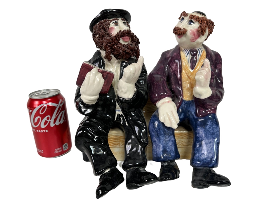 Branah Layah Signed Hand Painted Judaic Jewish Men Rabbi On Bench Sculpture 9W X 9D X 10H 1995 [Photo 1]