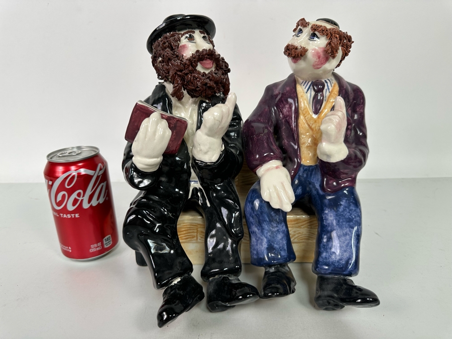 Branah Layah Signed Hand Painted Judaic Jewish Men Rabbi On Bench Sculpture 9W X 9D X 10H 1995 [Photo 4]