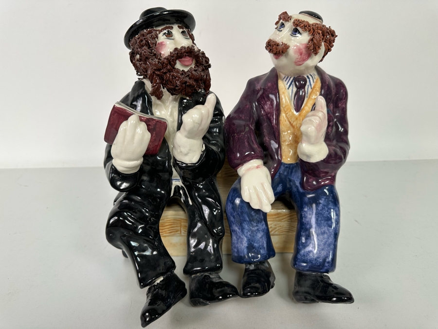 Branah Layah Signed Hand Painted Judaic Jewish Men Rabbi On Bench Sculpture 9W X 9D X 10H 1995 [Photo 3]