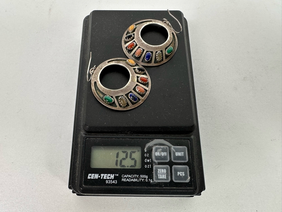Stunning Pair Of Native American Sterling Silver Earrings With Multi-Colored Cabochon Stones Signed J. Begay 12.5g [Photo 8]