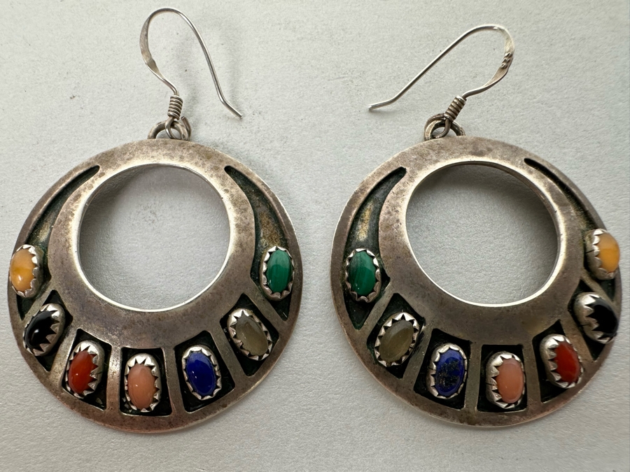 Stunning Pair Of Native American Sterling Silver Earrings With Multi-Colored Cabochon Stones Signed J. Begay 12.5g [Photo 4]