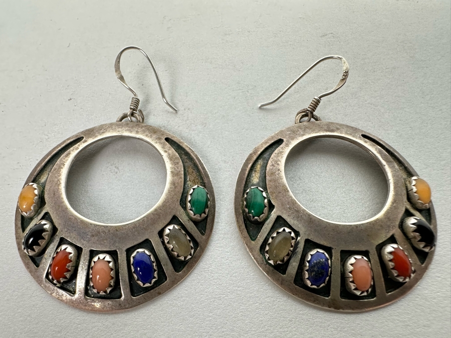 Stunning Pair Of Native American Sterling Silver Earrings With Multi-Colored Cabochon Stones Signed J. Begay 12.5g [Photo 2]