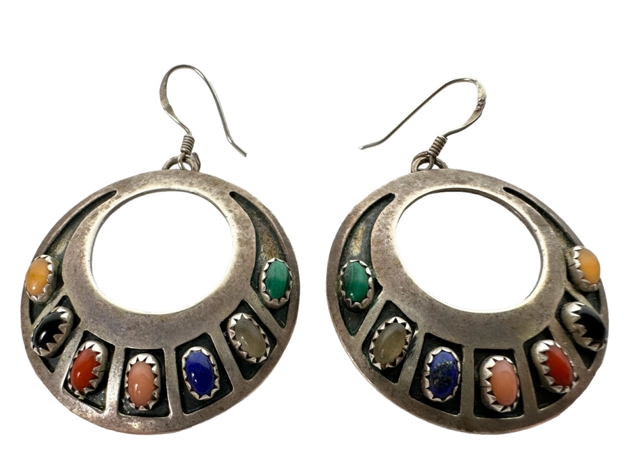 Stunning Pair Of Native American Sterling Silver Earrings With Multi-Colored Cabochon Stones Signed J. Begay 12.5g