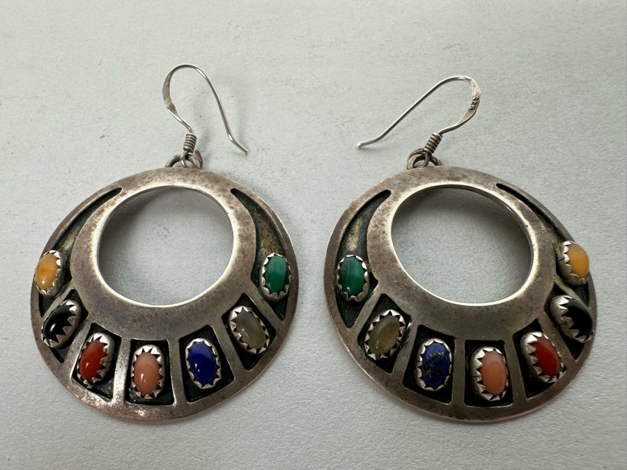 Stunning Pair Of Native American Sterling Silver Earrings With Multi-Colored Cabochon Stones Signed J. Begay 12.5g [Photo 3]