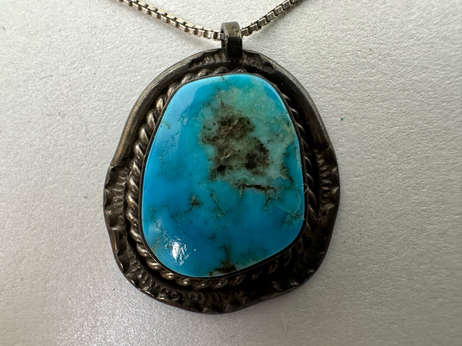 Sterling Silver Turquoise Pendant With 18' Sterling Silver Box Chain Necklace 7.4g [Photo 8]