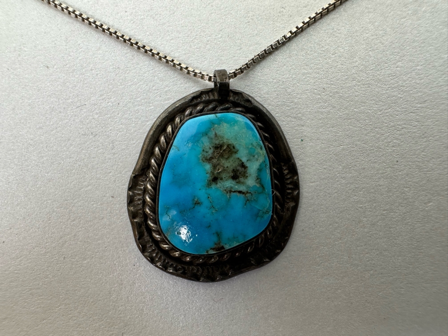 Sterling Silver Turquoise Pendant With 18' Sterling Silver Box Chain ...