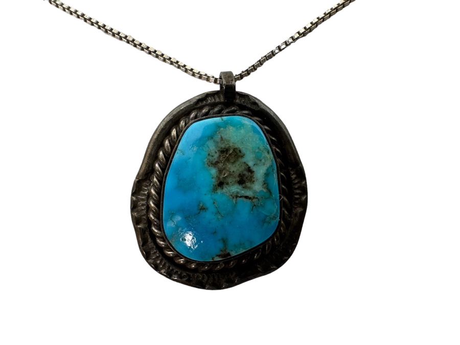 Sterling Silver Turquoise Pendant With 18' Sterling Silver Box Chain Necklace 7.4g [Photo 2]