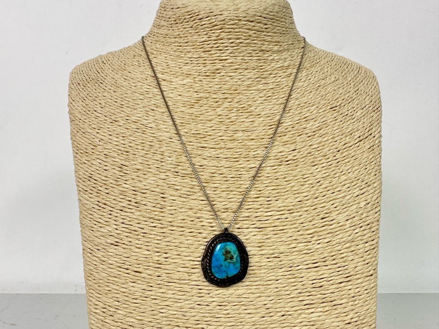 Sterling Silver Turquoise Pendant With 18' Sterling Silver Box Chain Necklace 7.4g [Photo 4]