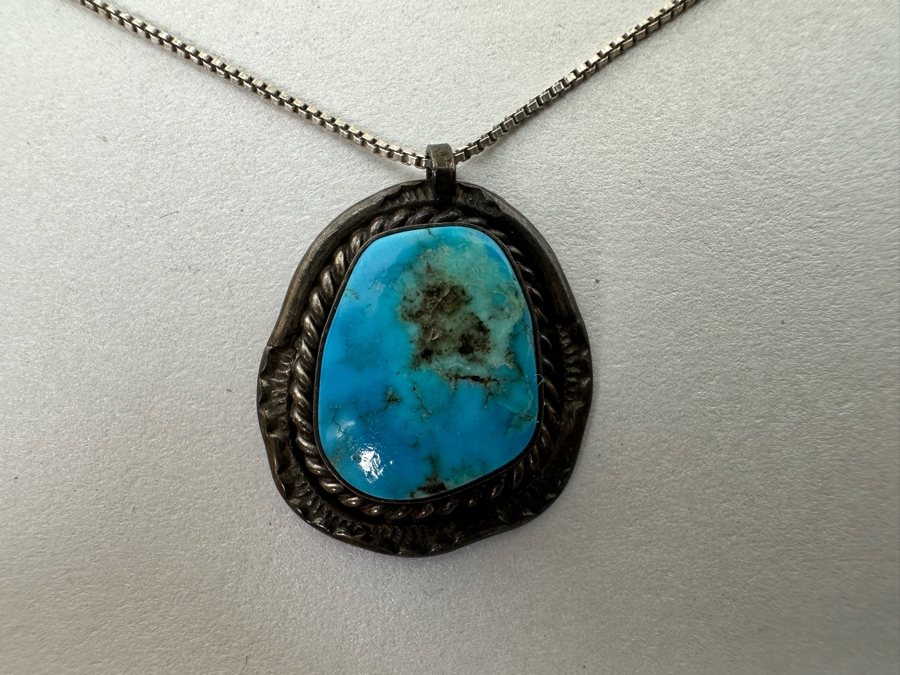 Sterling Silver Turquoise Pendant With 18' Sterling Silver Box Chain Necklace 7.4g [Photo 7]