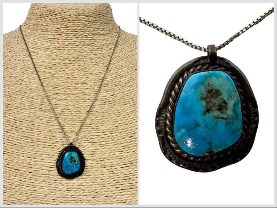 Sterling Silver Turquoise Pendant With 18' Sterling Silver Box Chain Necklace 7.4g [Photo 1]