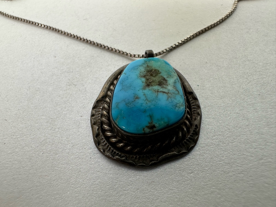 Sterling Silver Turquoise Pendant With 18' Sterling Silver Box Chain Necklace 7.4g [Photo 9]