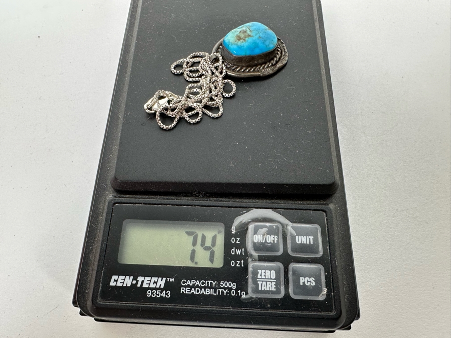 Sterling Silver Turquoise Pendant With 18' Sterling Silver Box Chain Necklace 7.4g [Photo 10]