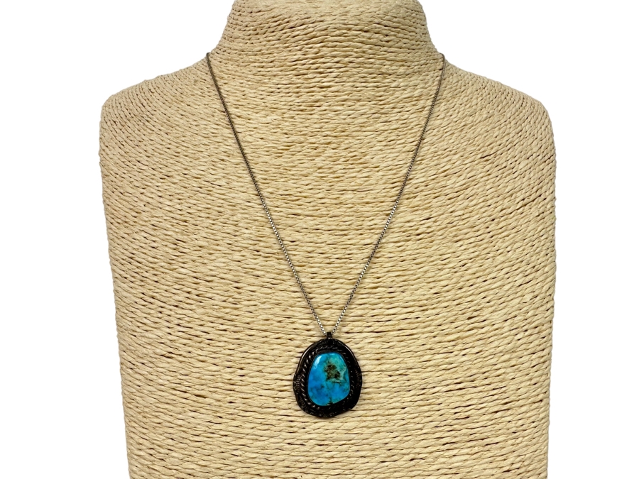 Sterling Silver Turquoise Pendant With 18' Sterling Silver Box Chain Necklace 7.4g [Photo 3]