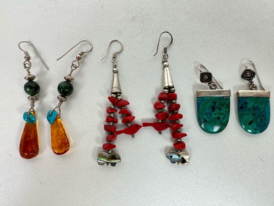 Three Pairs Of Earrings With Amber, Turquoise, Coral, Sterling Silver 22.7g [Photo 2]