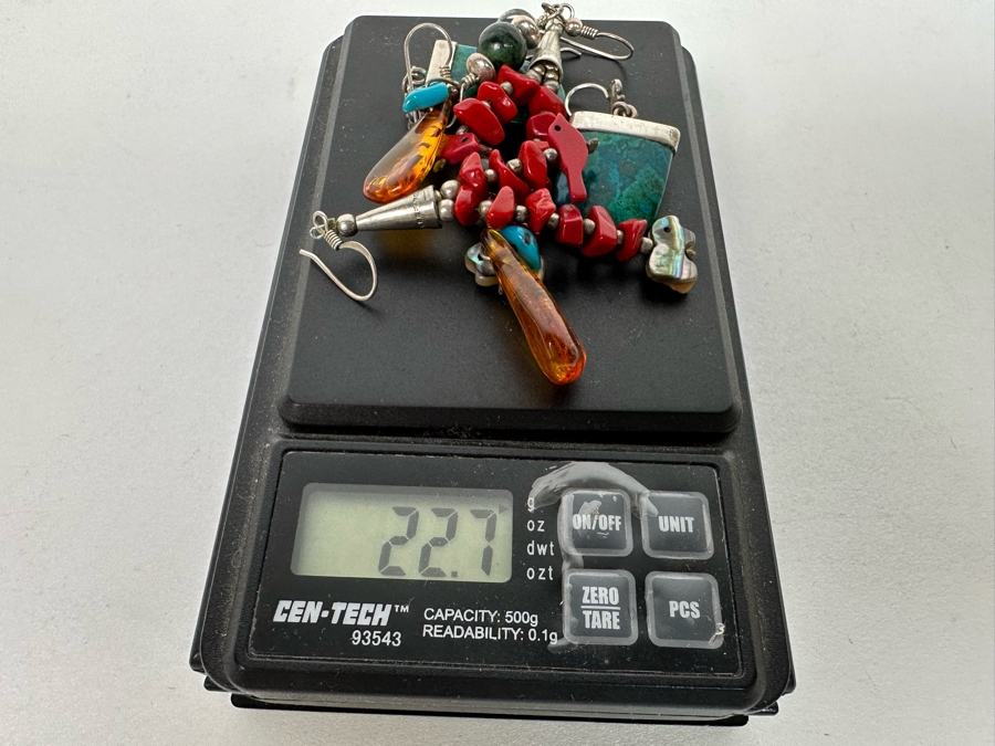 Three Pairs Of Earrings With Amber, Turquoise, Coral, Sterling Silver 22.7g [Photo 11]