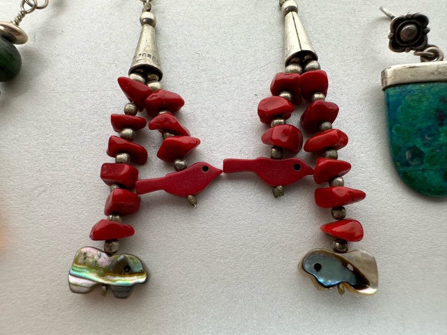 Three Pairs Of Earrings With Amber, Turquoise, Coral, Sterling Silver 22.7g [Photo 5]