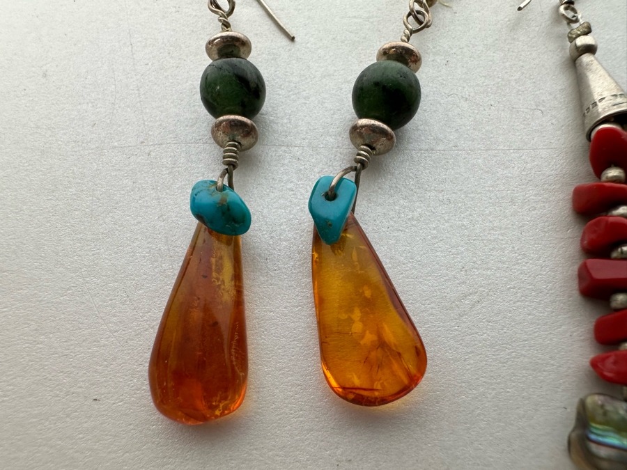 Three Pairs Of Earrings With Amber, Turquoise, Coral, Sterling Silver 22.7g [Photo 6]
