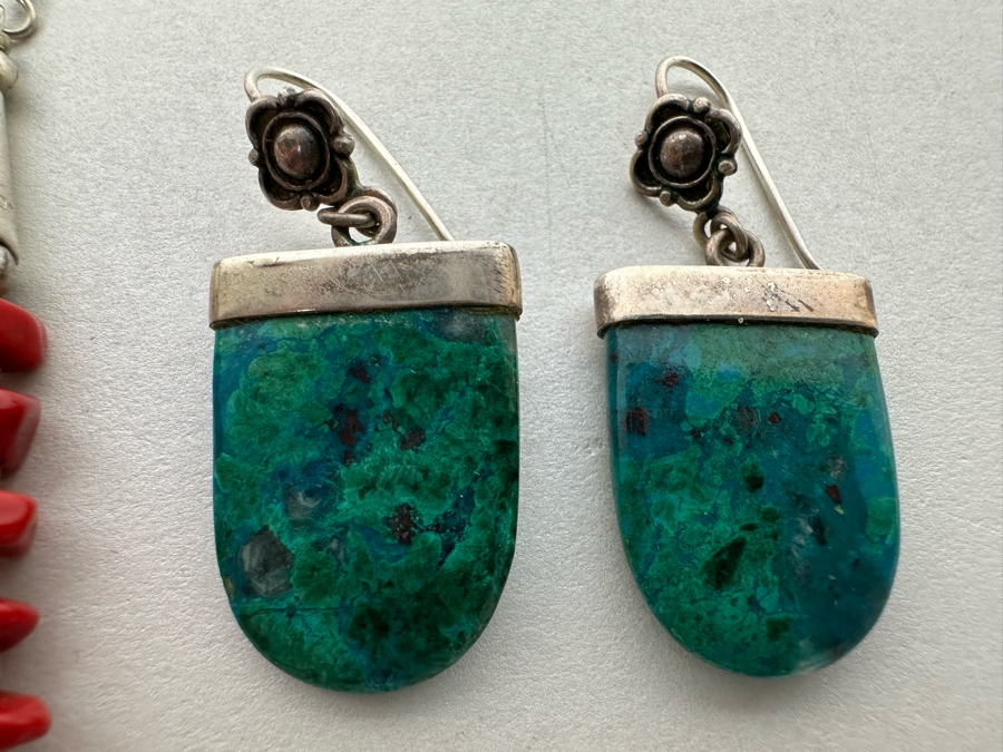 Three Pairs Of Earrings With Amber, Turquoise, Coral, Sterling Silver 22.7g [Photo 4]