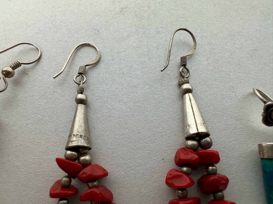 Three Pairs Of Earrings With Amber, Turquoise, Coral, Sterling Silver 22.7g [Photo 9]