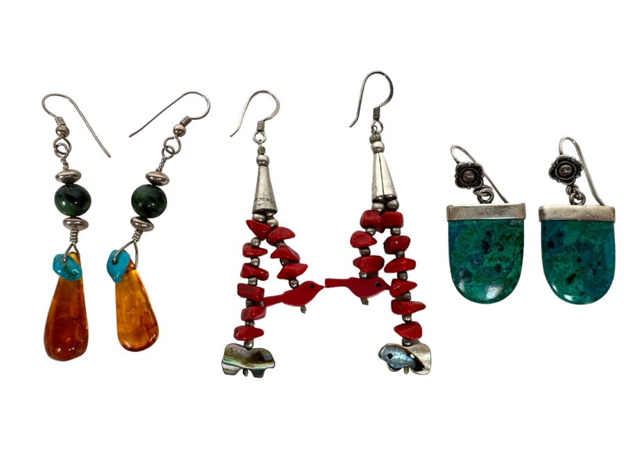 Three Pairs Of Earrings With Amber, Turquoise, Coral, Sterling Silver 22.7g