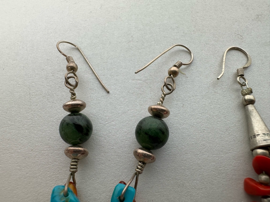 Three Pairs Of Earrings With Amber, Turquoise, Coral, Sterling Silver 22.7g [Photo 8]