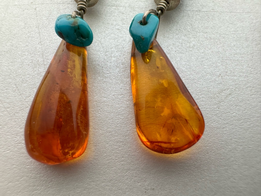 Three Pairs Of Earrings With Amber, Turquoise, Coral, Sterling Silver 22.7g [Photo 7]