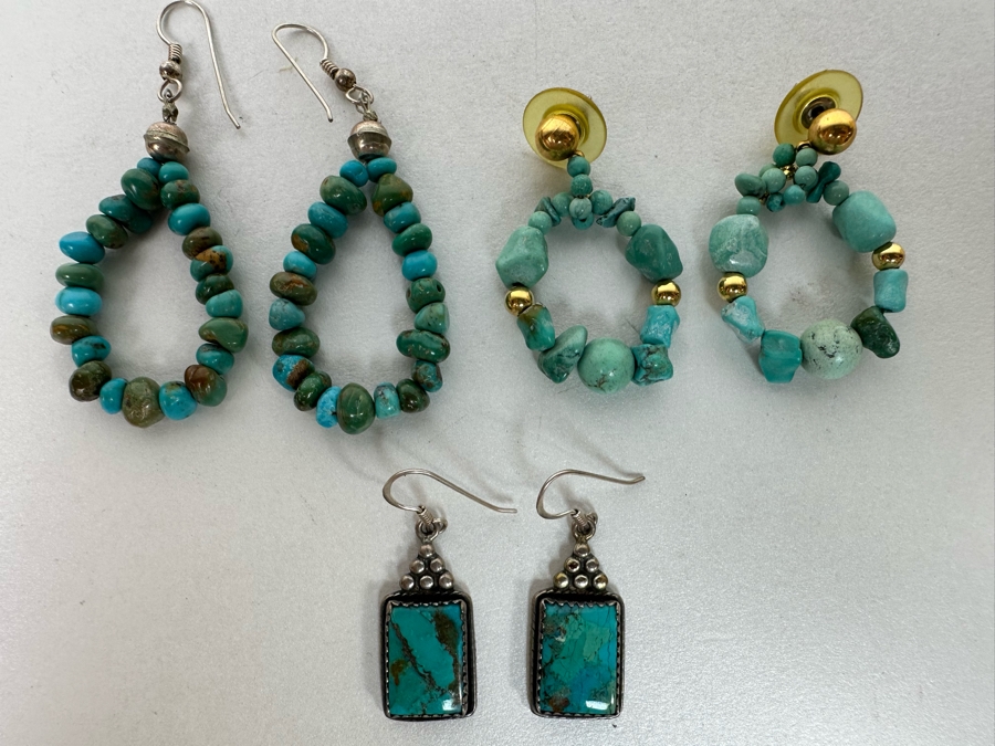 Three Pairs Of Turquoise Sterling Silver Earrings 25.3g [Photo 3]
