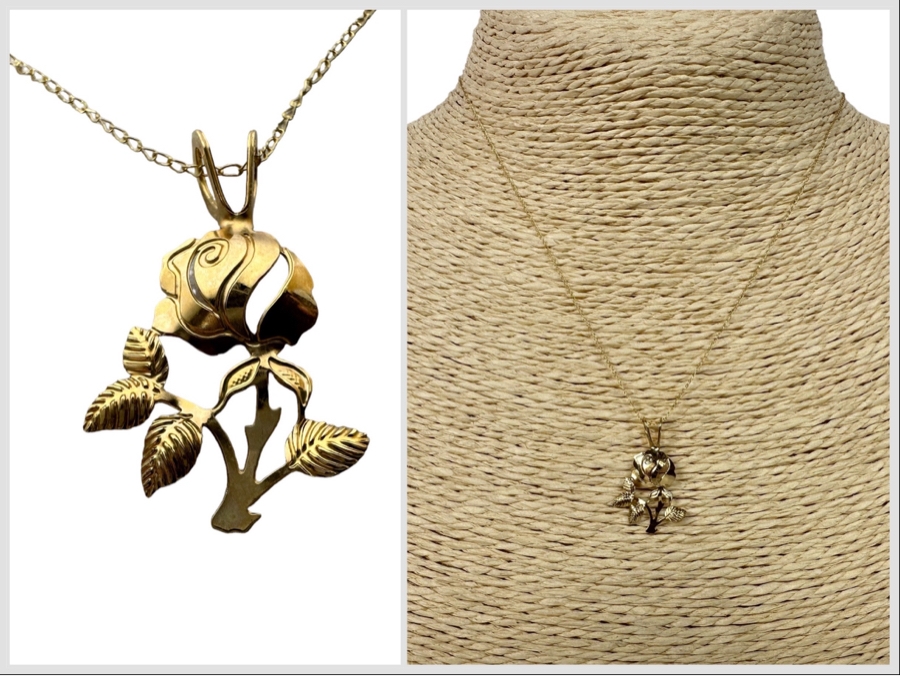 14K Gold Rose Pendant With 14K Gold 16' Necklace (Necklace Has Slight Knot As Shown In Photos) 0.8g