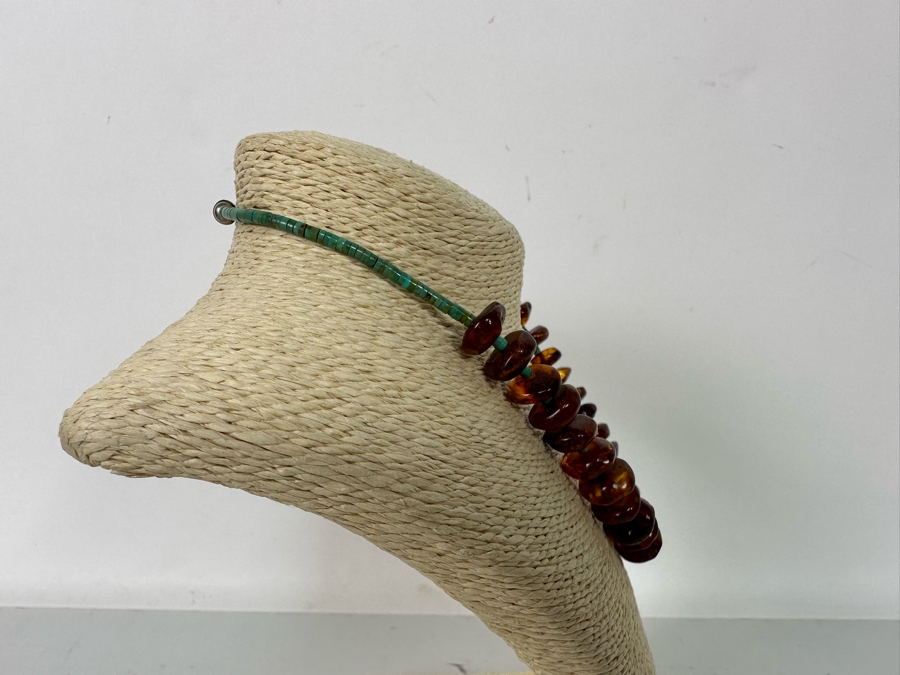 Stunning Amber Turquoise Bead Sterling Silver Clasp 18' Necklace [Photo 9]