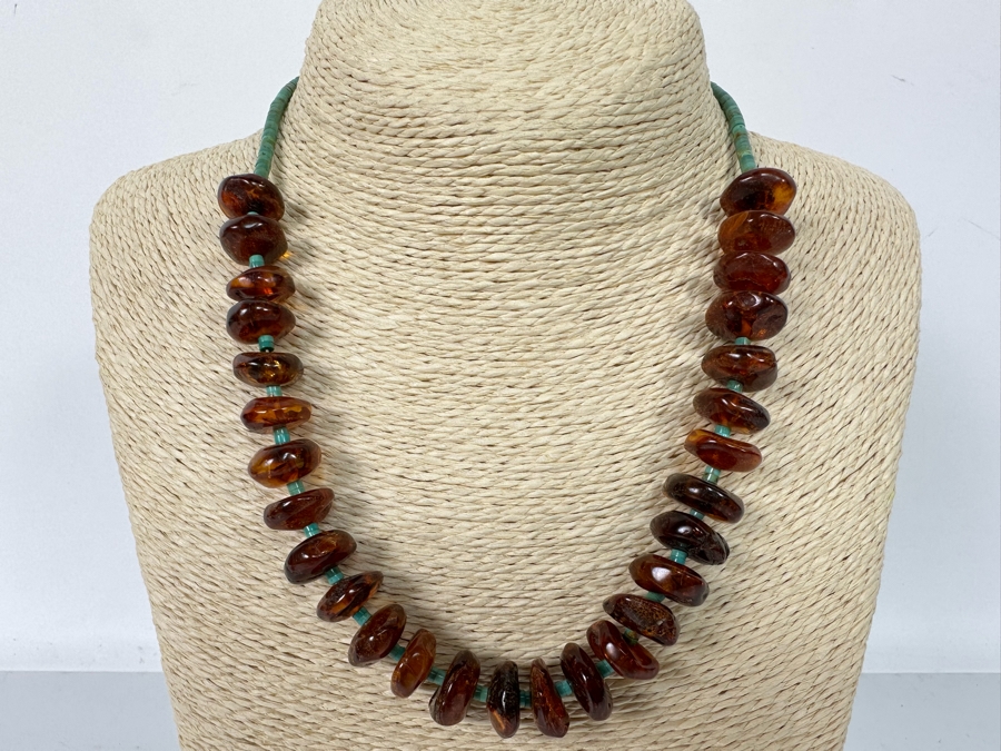 Stunning Amber Turquoise Bead Sterling Silver Clasp 18' Necklace [Photo 4]