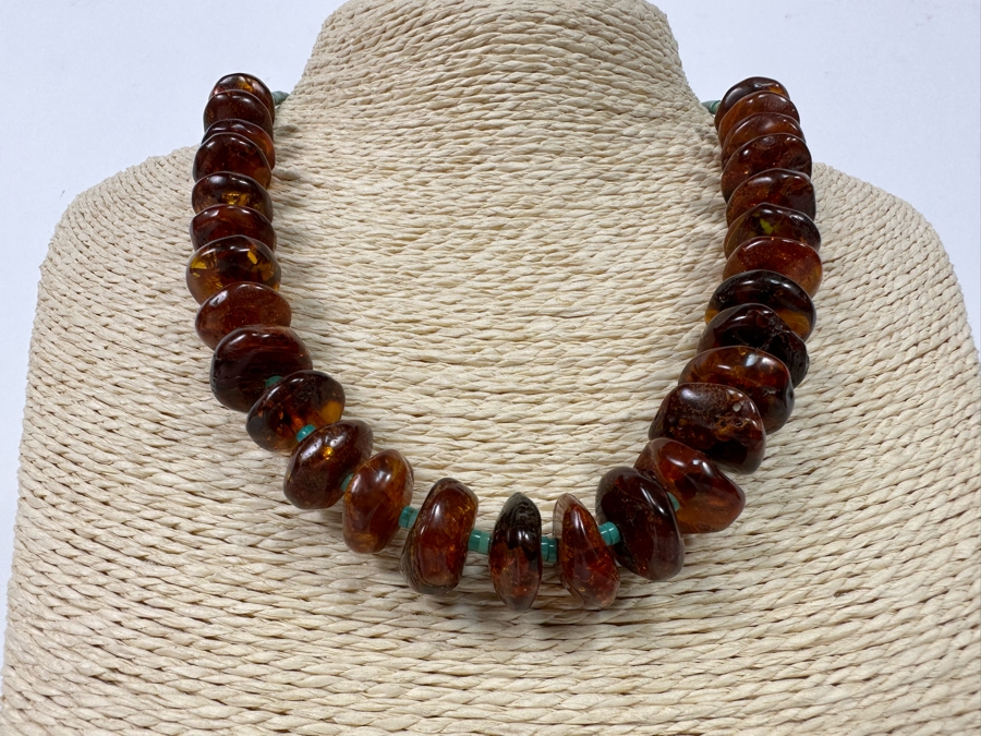 Stunning Amber Turquoise Bead Sterling Silver Clasp 18' Necklace [Photo 5]