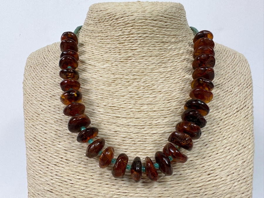 Stunning Amber Turquoise Bead Sterling Silver Clasp 18' Necklace [Photo 3]