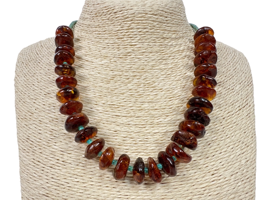 Stunning Amber Turquoise Bead Sterling Silver Clasp 18' Necklace