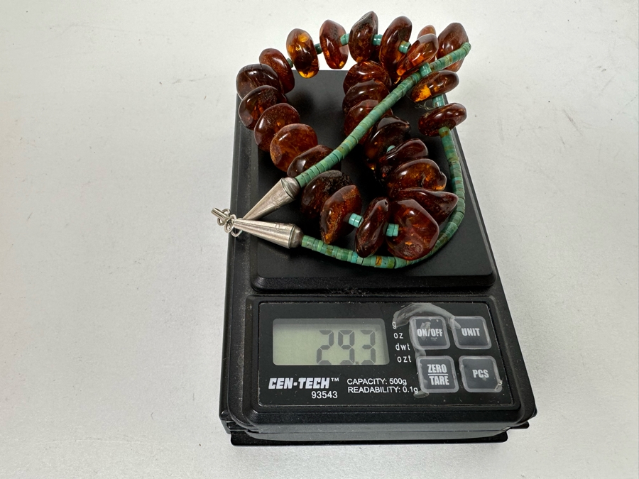 Stunning Amber Turquoise Bead Sterling Silver Clasp 18' Necklace [Photo 19]