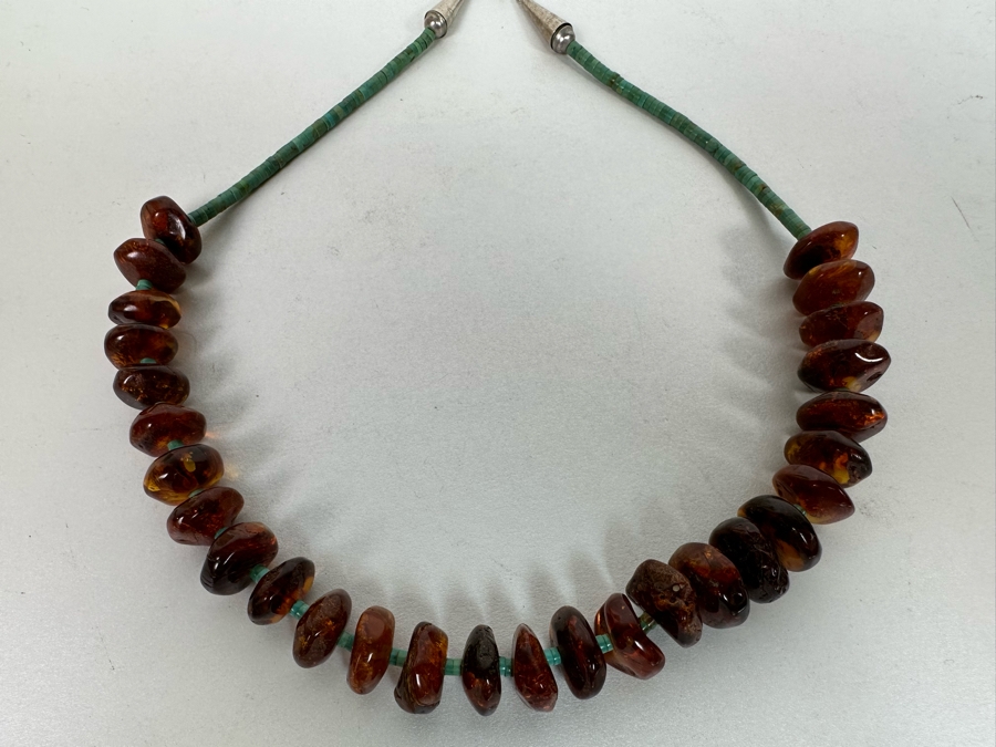 Stunning Amber Turquoise Bead Sterling Silver Clasp 18' Necklace [Photo 12]